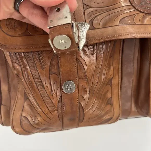 Vintage Sergios Tooled Leather Messenger Bag Shoulder Duffel Western Cowboy